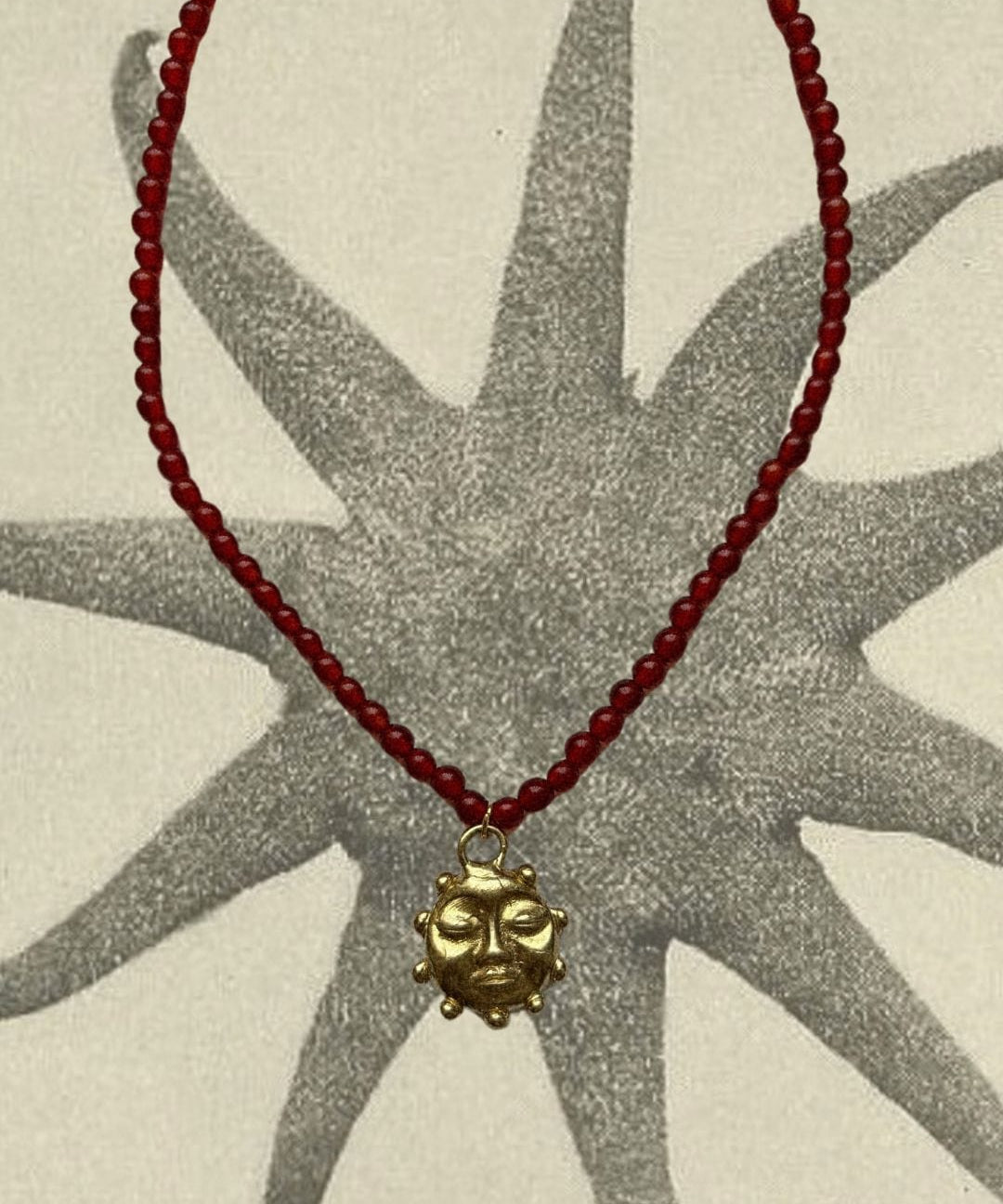 Kan-Studio-Ra-Beaded-Necklace-Red-Agate-Natural-Beads-Bead-Beaded-El-Sol-Sun-Pendant-Gold-Silver-Brass-Boho-Summer-Cool-Handmade-Jewellery-Stunning