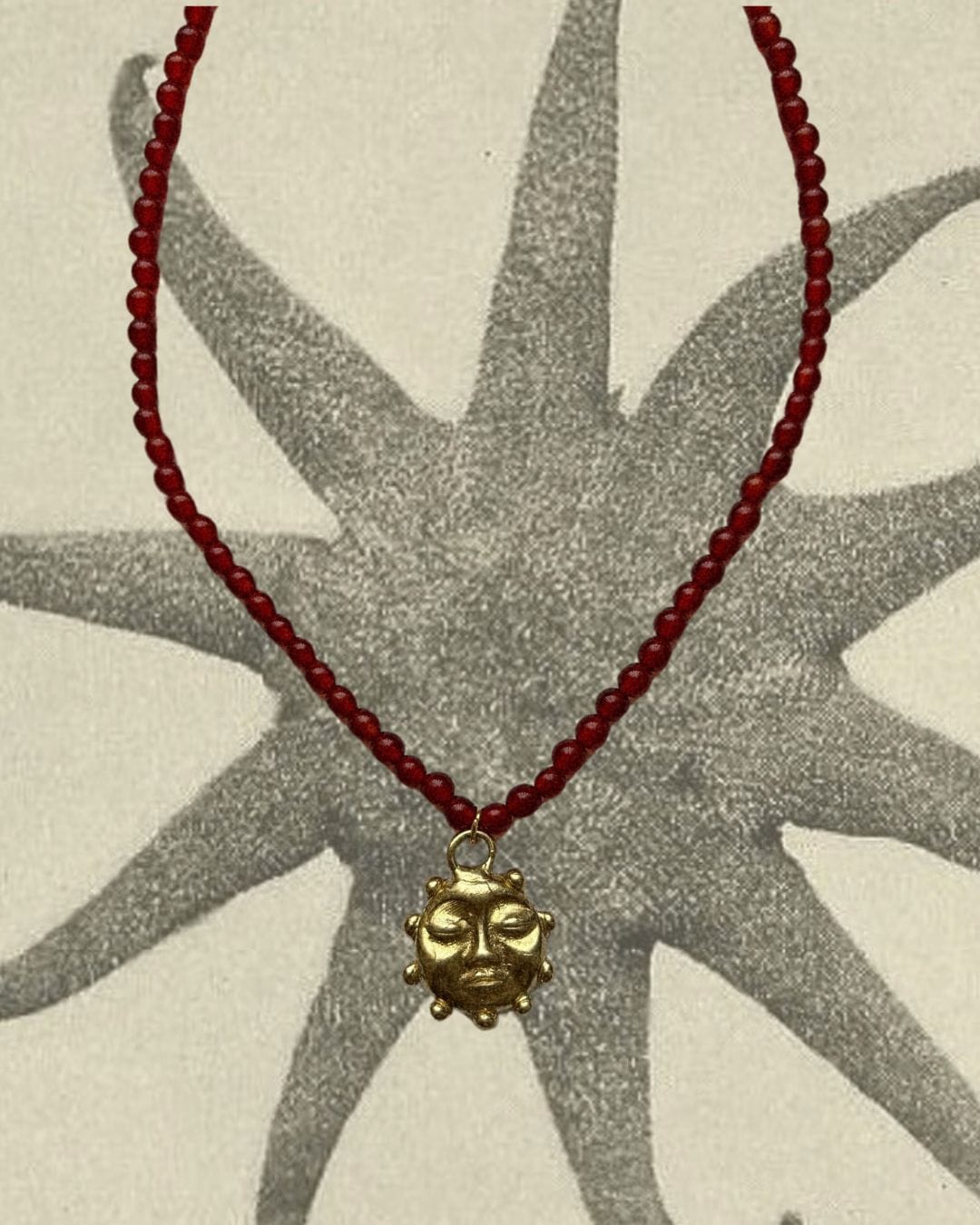 Kan-Studio-Ra-Beaded-Necklace-Red-Agate-Natural-Beads-Bead-Beaded-El-Sol-Sun-Pendant-Gold-Silver-Brass-Boho-Summer-Cool-Handmade-Jewellery-Stunning