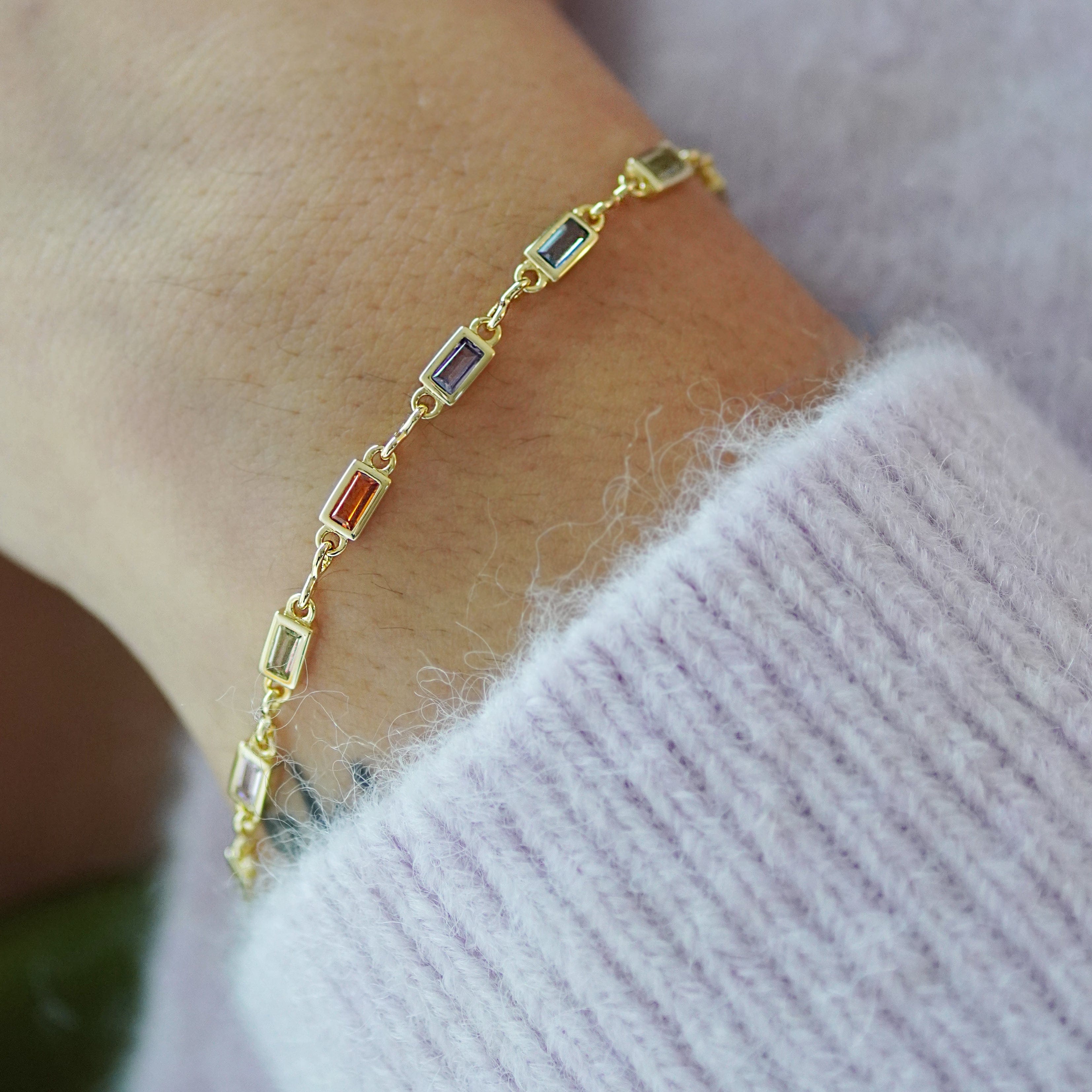 Junk-Jewels-Rainbow-Stone-Multicoloured-Channel-chain-link-rectangle-stone-Bracelet-Gold-Silver
