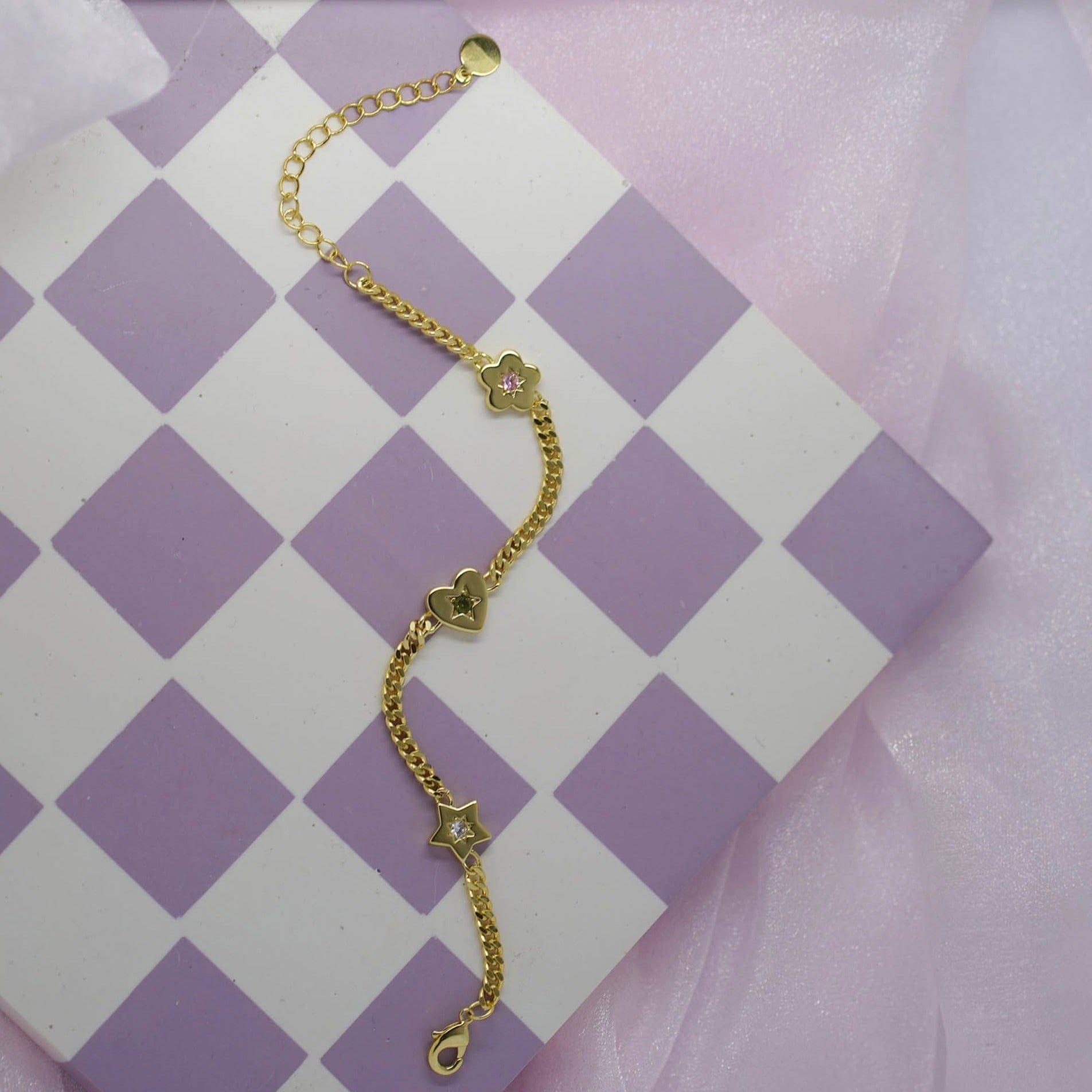 Junk-Jewels-Retro-Gemstone-Charm-Bracelet-Star-Flower-Chain-Heart-Diamond-Gemstone-Gold-Silver