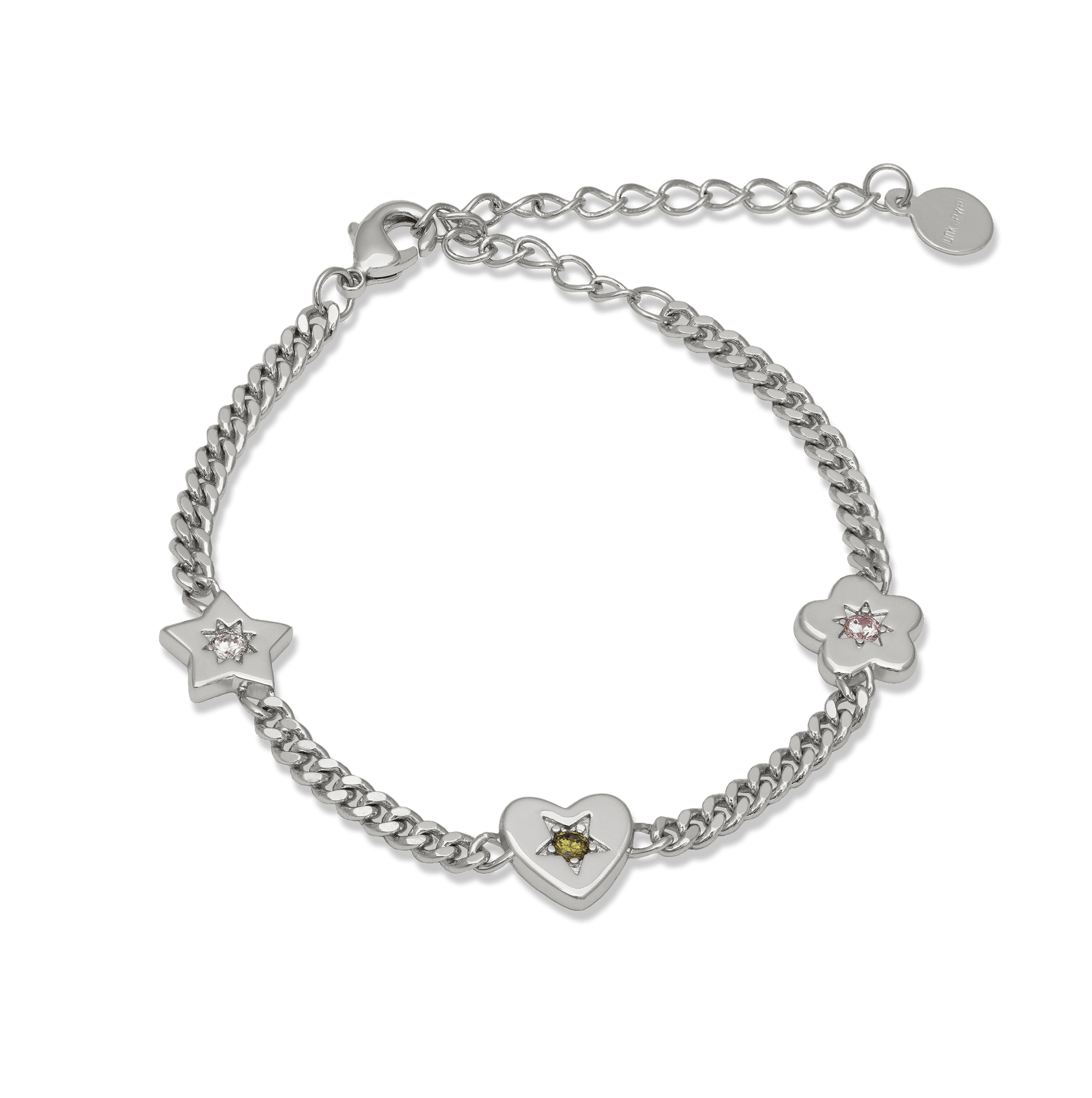 Junk-Jewels-Retro-Gemstone-Charm-Bracelet-Star-Flower-Chain-Heart-Diamond-Gemstone-Gold-Silver