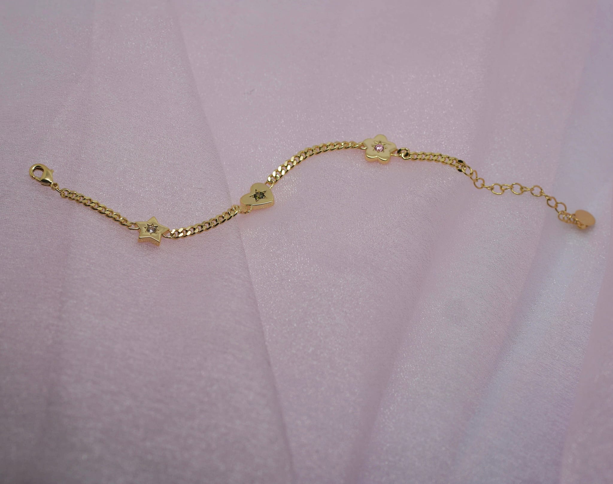 Junk-Jewels-Retro-Gemstone-Charm-Bracelet-Star-Flower-Chain-Heart-Diamond-Gemstone-Gold-Silver