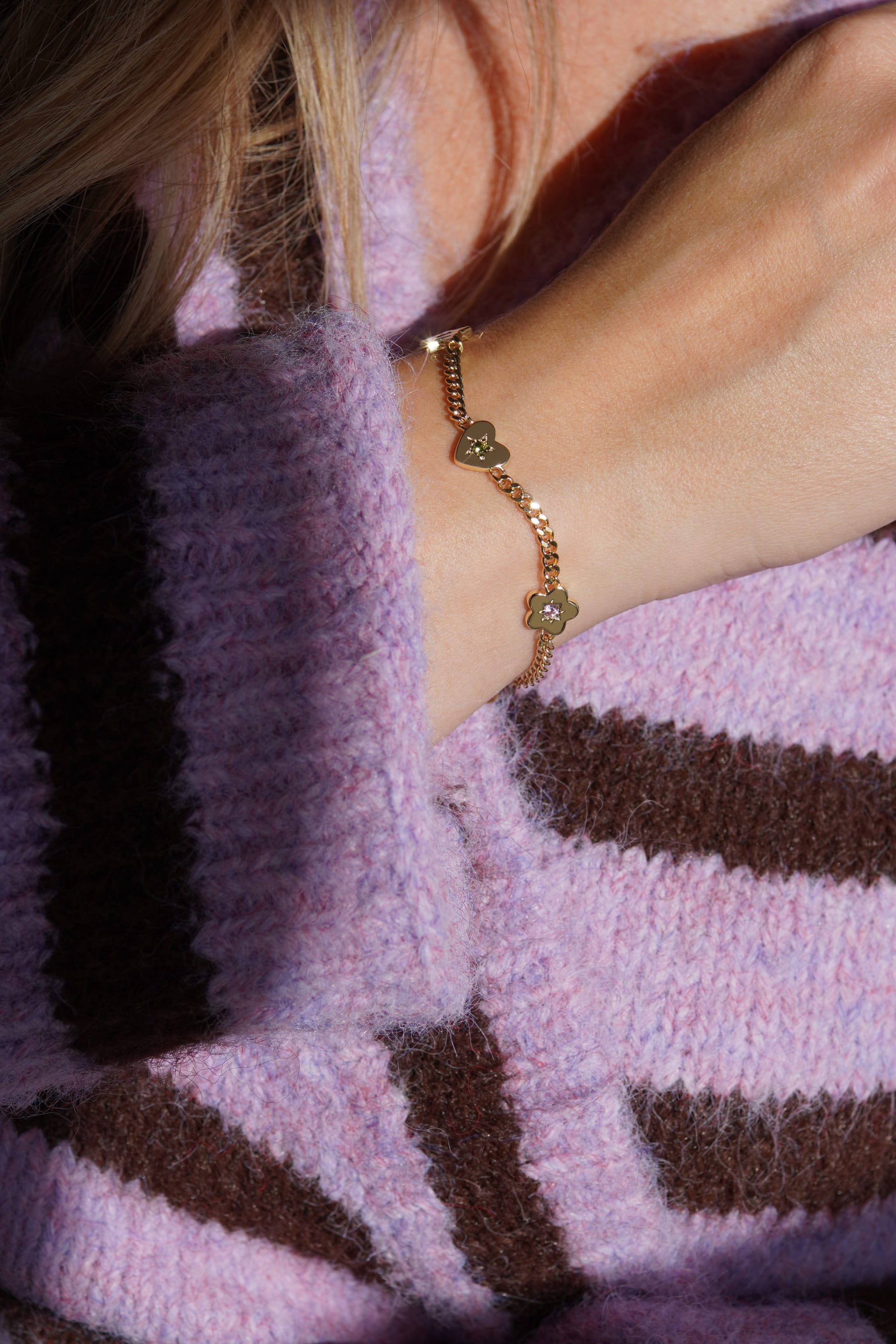 Junk-Jewels-Retro-Gemstone-Charm-Bracelet-Star-Flower-Chain-Heart-Diamond-Gemstone-Gold-Silver