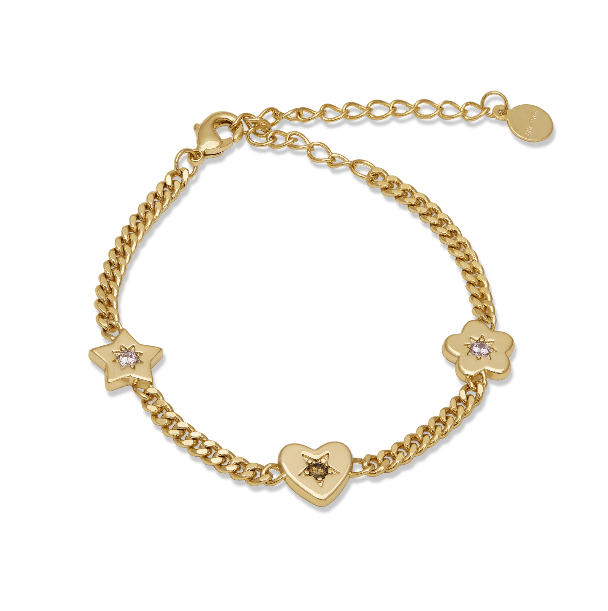 Junk-Jewels-Retro-Gemstone-Charm-Bracelet-Star-Flower--Heart-Diamond-Gemstone-Gold-Silver