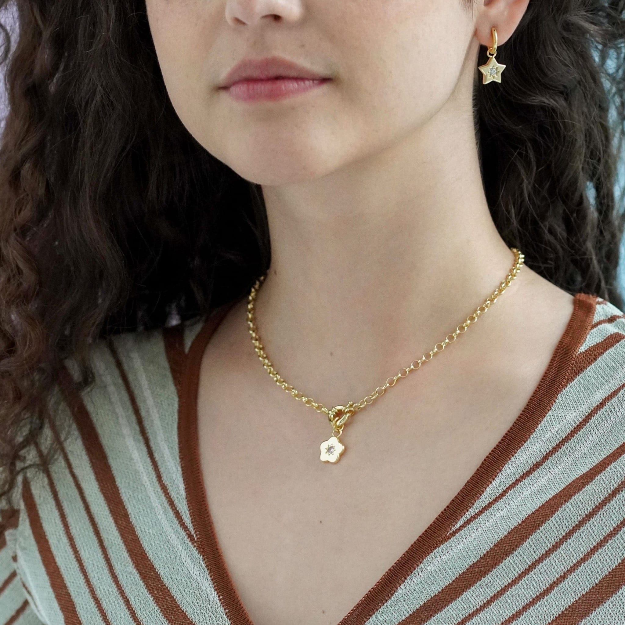 Junk-Jewels-Retro-Multi-Charm-Flower-Start-Heart-Purple-Green-Blue-Gemstone-Stone-Pendant-Chunky-Chain-Necklace-Gold-Silver
