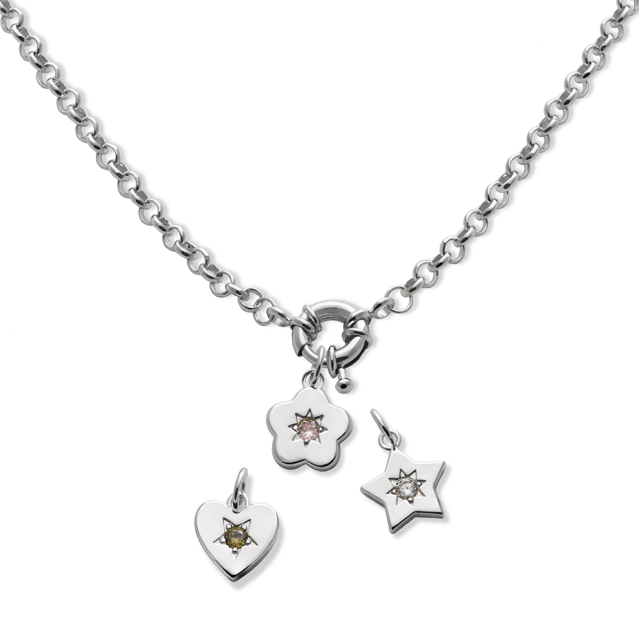 Junk-Jewels-Retro-Multi-Charm-Flower-Start-Heart-Purple-Green-Blue-Gemstone-Stone-Pendant-Chunky-Chain-Necklace-Gold-Silver