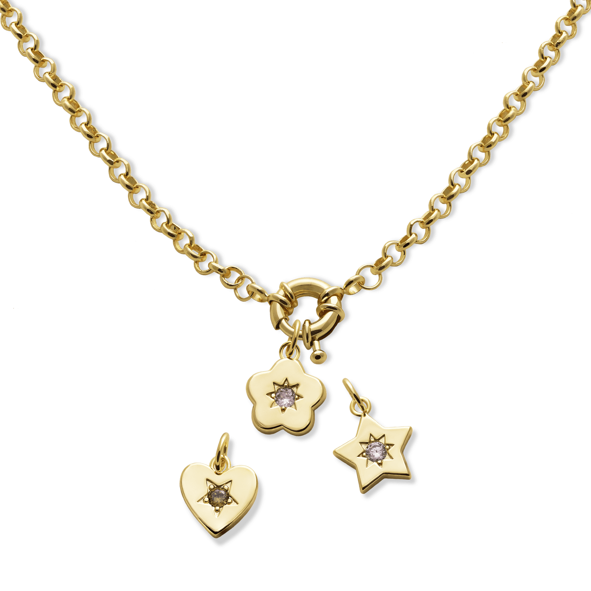 Junk-Jewels-Retro-Multi-Charm-Flower-Start-Heart-Purple-Green-Blue-Gemstone-Stone-Pendant-Chunky-Chain-Necklace-Gold-Silver