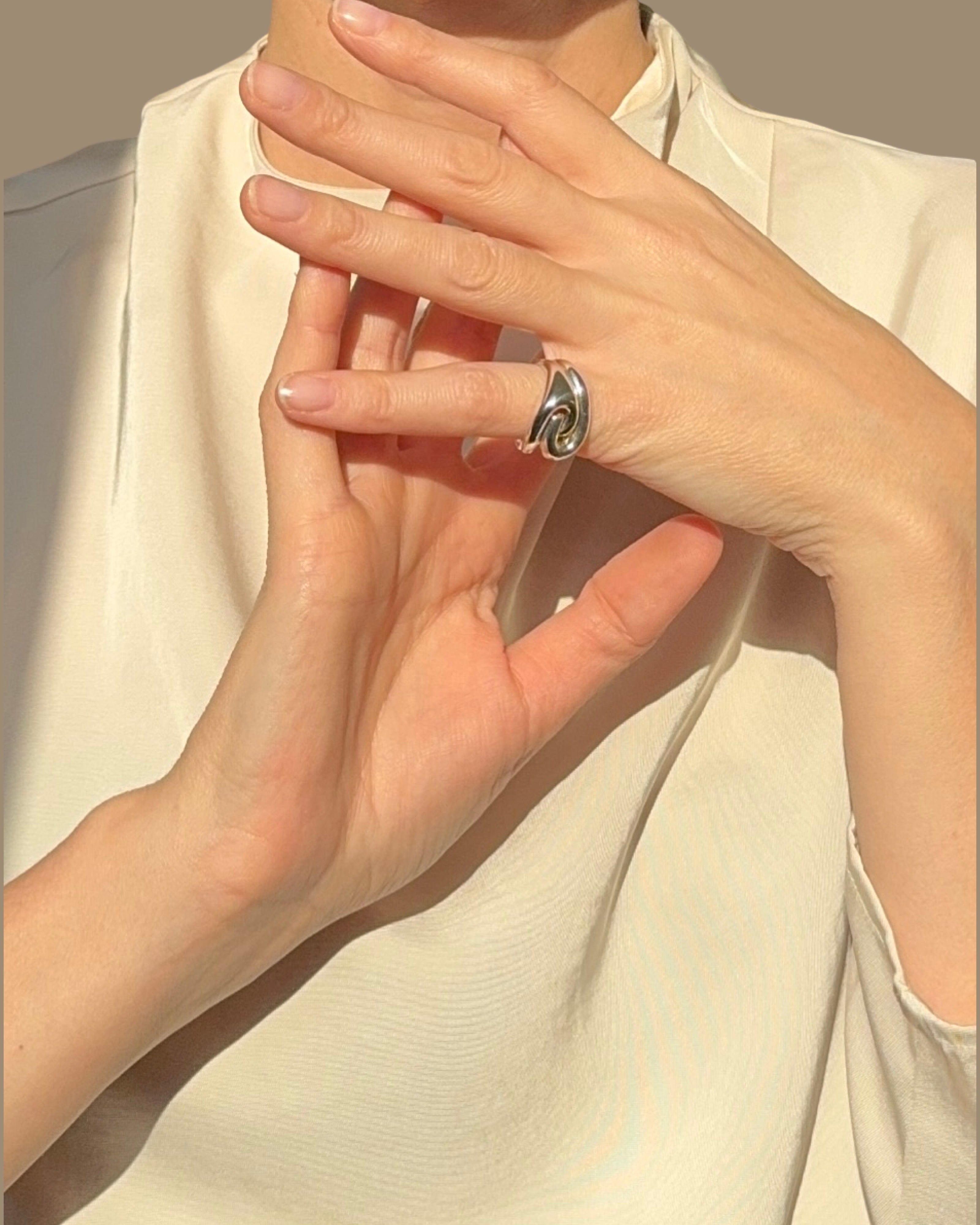 Ruddock-Ravel-riley-statement-cocktail-oversized-ring-fluid-interwoven-bold-chunky-pinky-signet-ring-sculptural-twist-sterling-Silver-demifine-contemporary-jewellery-golden