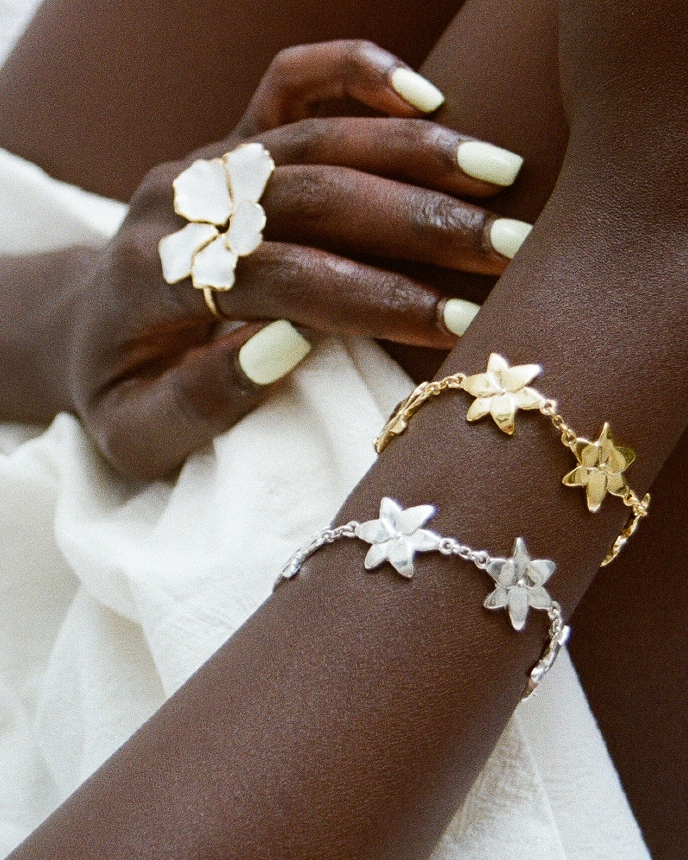 Squeeze-London-Rose-of-Sharon-Flower-Two-Part-Hibiscus-Petal-White-Enamel-Statement-Cocktail-Ring-Double-Ring-Sterling-Silver-Gold-Plated-Floral