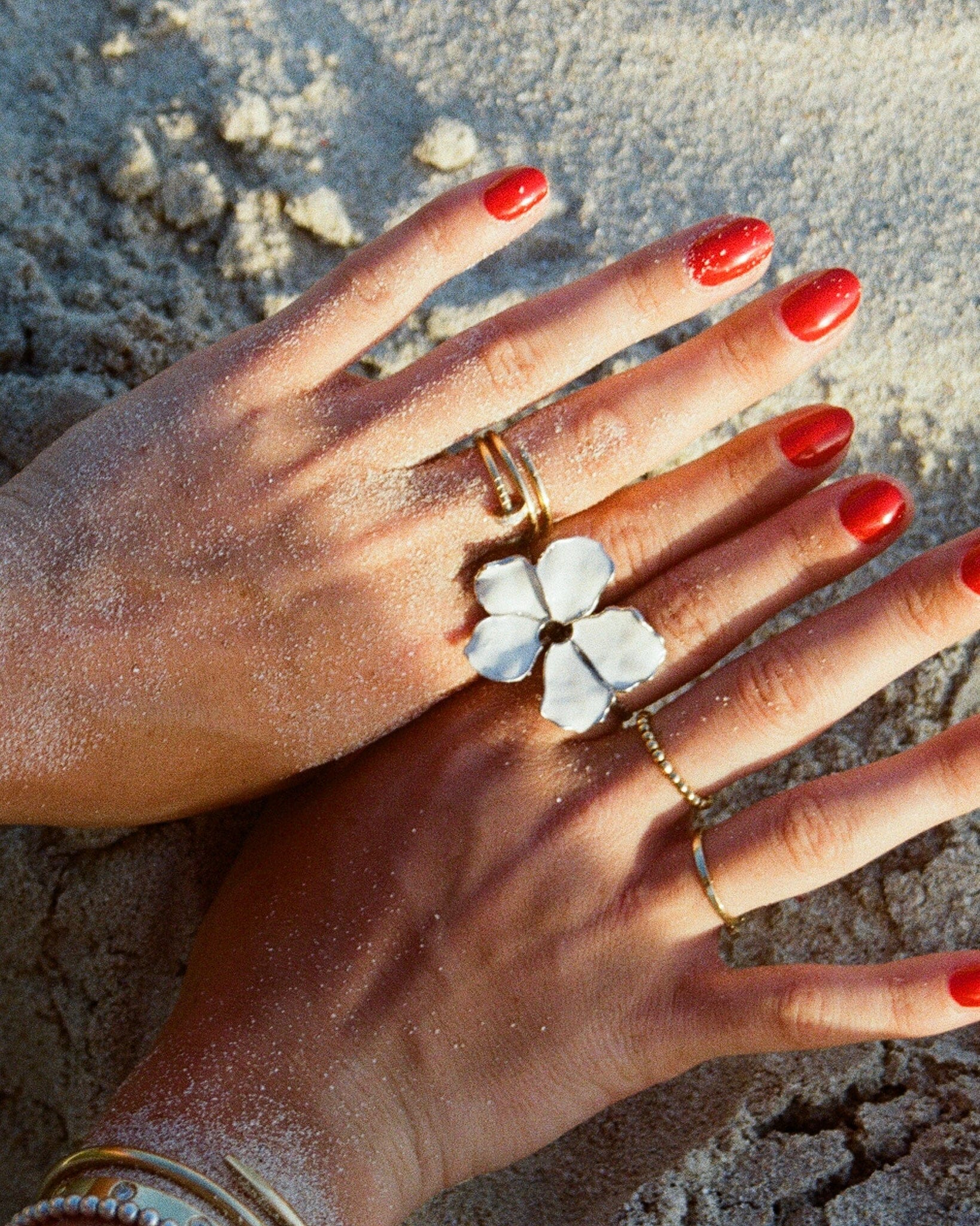 Squeeze-London-Rose-of-Sharon-Flower-Two-Part-Hibiscus-Petal-White-Enamel-Statement-Cocktail-Ring-Double-Ring-Sterling-Silver-Gold-Plated-Floral