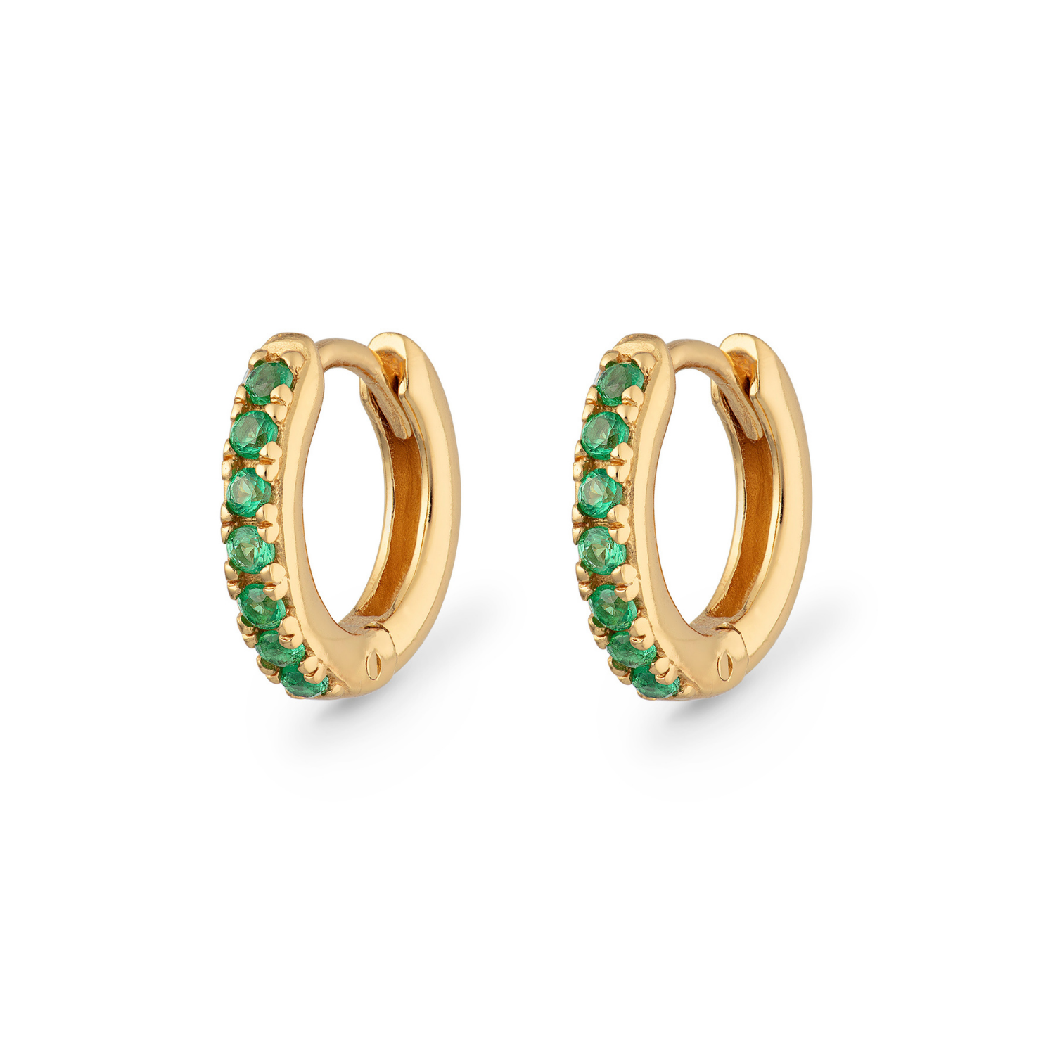 scream-pretty-gold-plated-huggie-hoop-earrings-with-green-diamond-cubic-zirconia-stones-gemstones-sparkly-ear-stack-stacking-earrings-cool-demifine-jewellery-contemporary-uk-brand