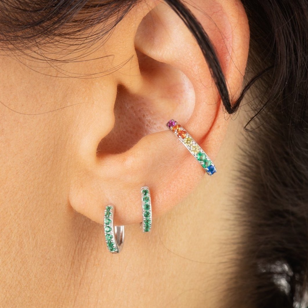 scream-pretty-gold-plated-huggie-hoop-earrings-with-green-diamond-cubic-zirconia-stones-gemstones-sparkly-ear-stack-stacking-earrings-cool-demifine-jewellery-contemporary-uk-brand