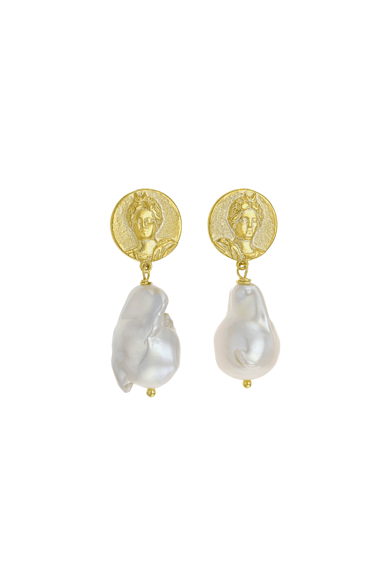 Feggeri-Selene-Earrings-Gold-Vermeil-Baroque-Pearl-Ancient-Vintage-Coin-Summer-Inspired-Ancient-Greece-Jewellery-Drop-Earrings
