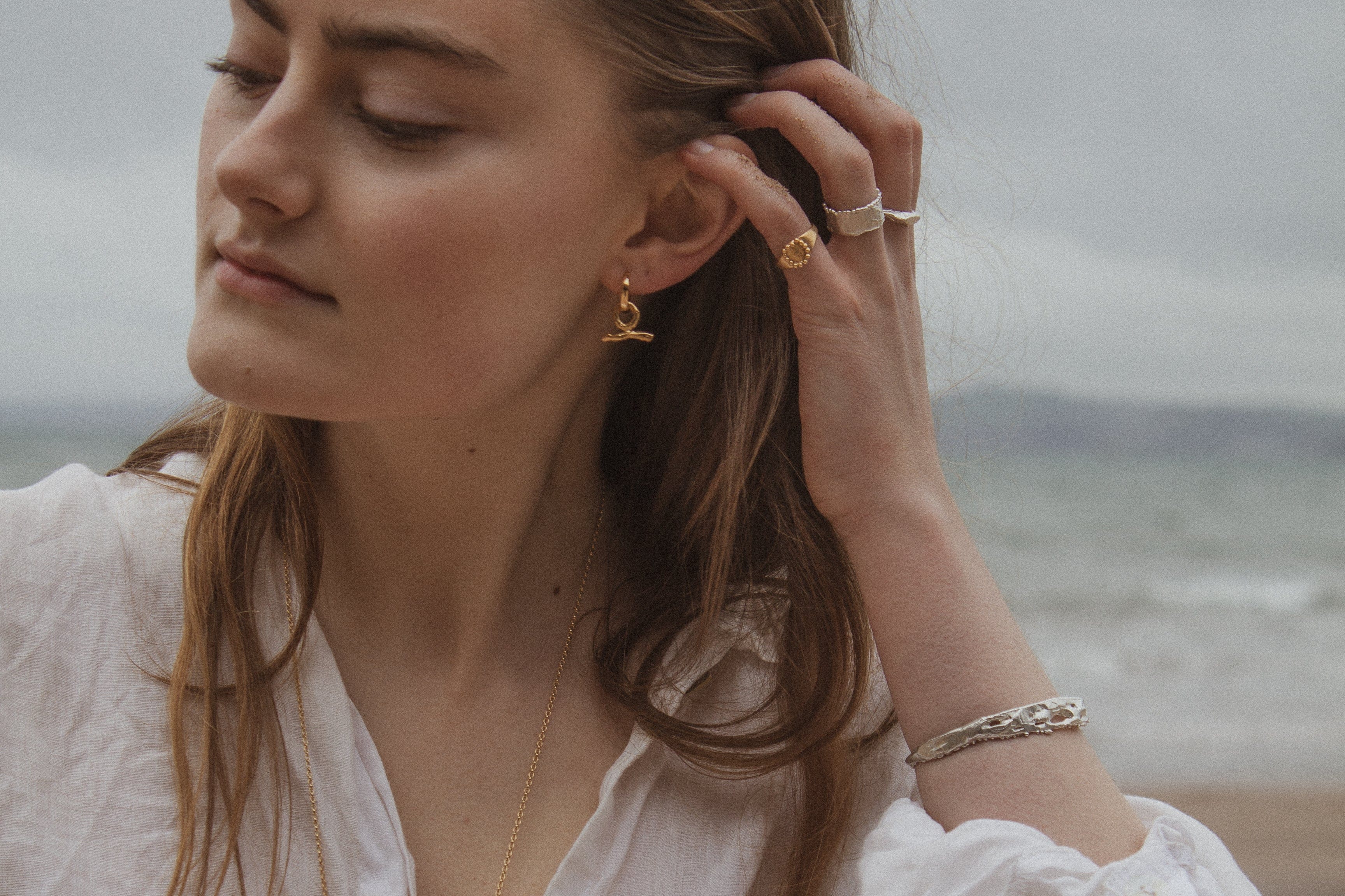 Milly-Maunder-T-Bar-Pendant-Huggie-Earrings-Molten-Texture-Gold-Plated-Everyday-Jewellery-Cool-Organic-Form-Staple-Design-Effortless