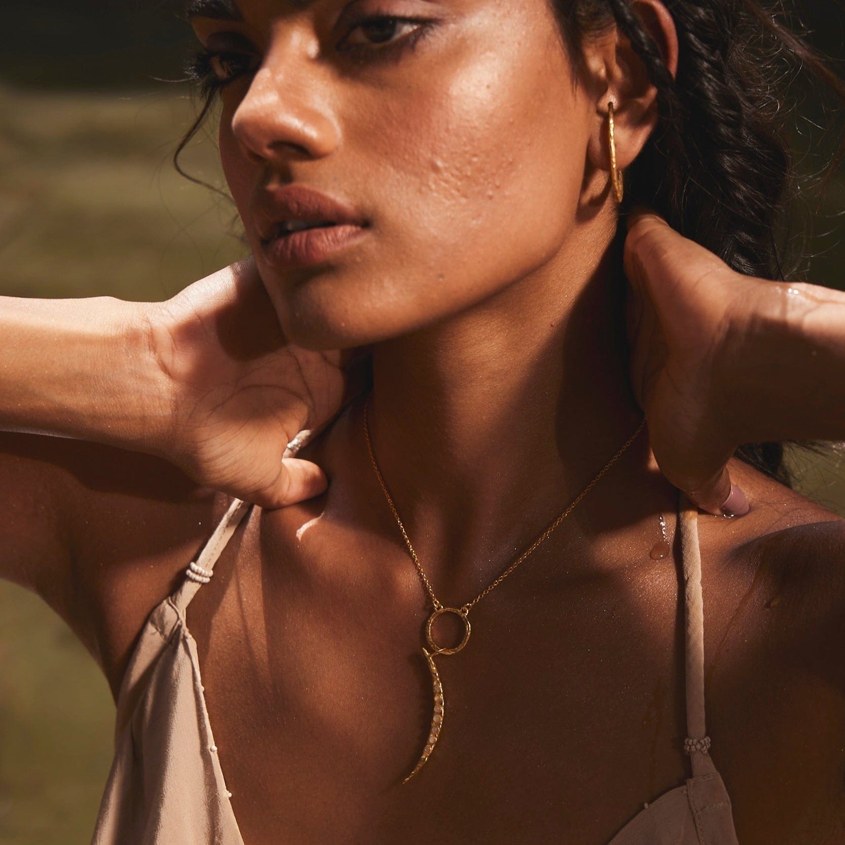 The Crescent of Hope Gold--the-crescent-of-hope-gold-charm-18ct-gold-vermeil-moon-pearl-gemstone-adorned-hammered-charm-boho-winter-sun-summer-jewellery-handmade-mix-match-interchangeable-pendant-necklace-golden-kensho-heirloomsCharmCharms-Kensho Heirlooms-GOLDEN-ShopGolden.co-Demifine-Jewellery-Destination-Contemporary-Curated-UK-Brands