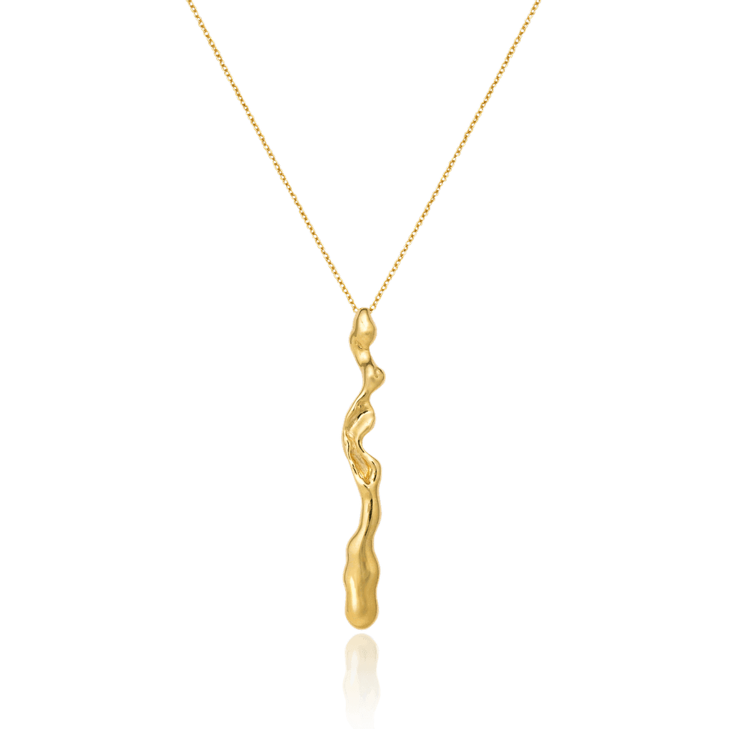 Liz-Crow-London-Resilience-Necklace-18CT-GOLD-Vermeil-Flow-Within-Ocean-Drop-Wiggle-Wave-Molten-Texture-Drop-Long-Statement-Pendant-Necklace
