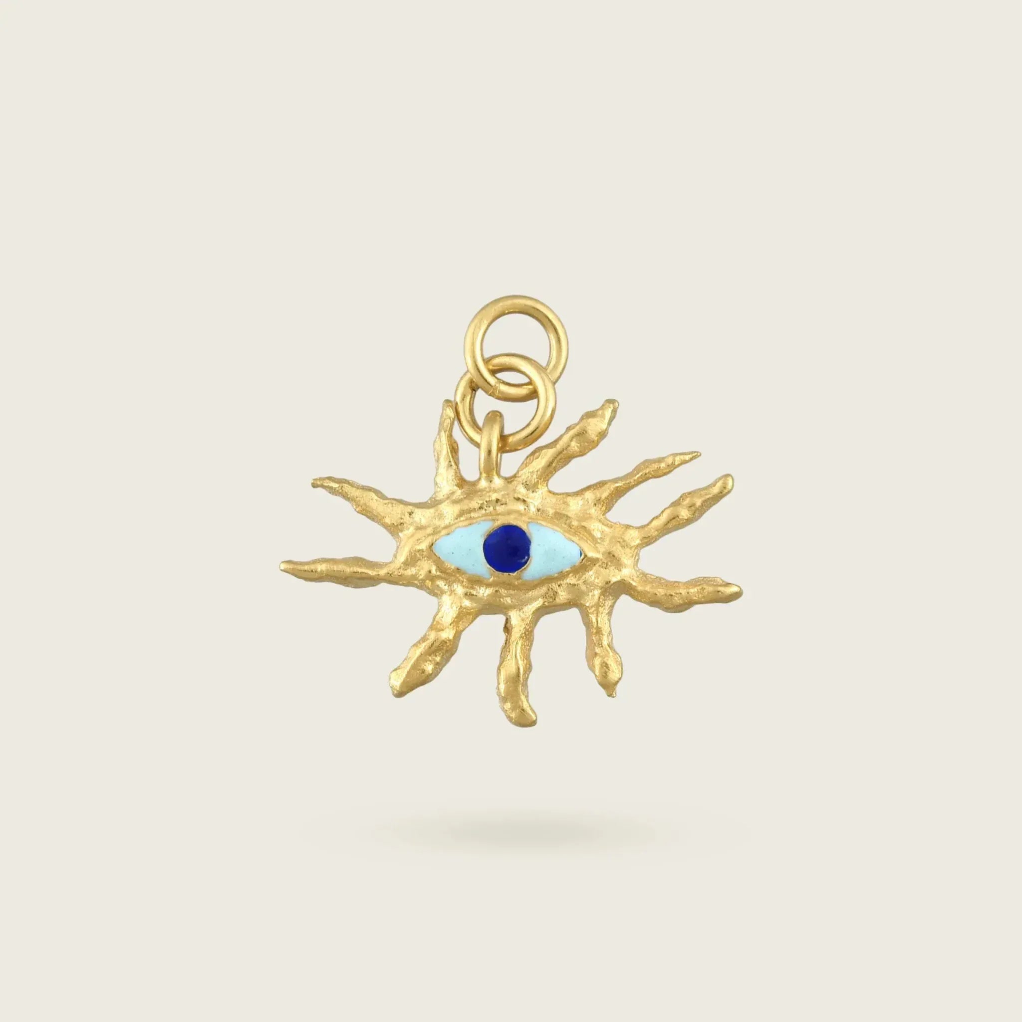 The Guardian Eye Charm-18ct-gold-vermeil-hammered-pendant-blue-boho-cool-summer-winter-sun-jewellery-interchangeable-charm-mix-match-gift-Kensho-Heirlooms-Meaingful-symbols-handmade-jewellery-goldenCharms-Kensho Heirlooms-GOLDEN-ShopGolden.co-Demifine-Jewellery-Destination-Contemporary-Curated-UK-Brands