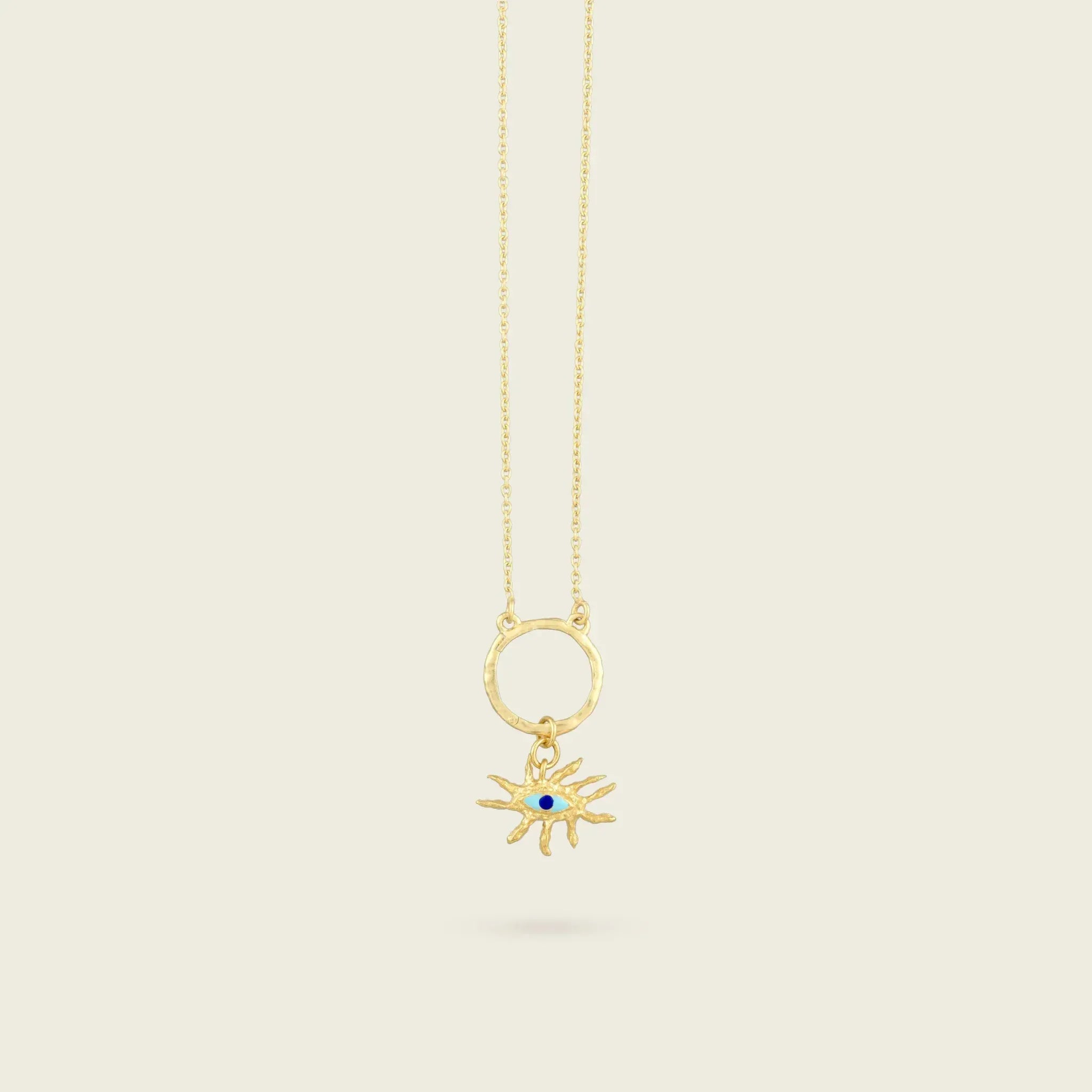 The Guardian Eye Charm-18ct-gold-vermeil-hammered-pendant-blue-boho-cool-summer-winter-sun-jewellery-interchangeable-charm-mix-match-gift-Kensho-Heirlooms-Meaingful-symbols-handmade-jewellery-goldenCharms-Kensho Heirlooms-GOLDEN-ShopGolden.co-Demifine-Jewellery-Destination-Contemporary-Curated-UK-Brands
