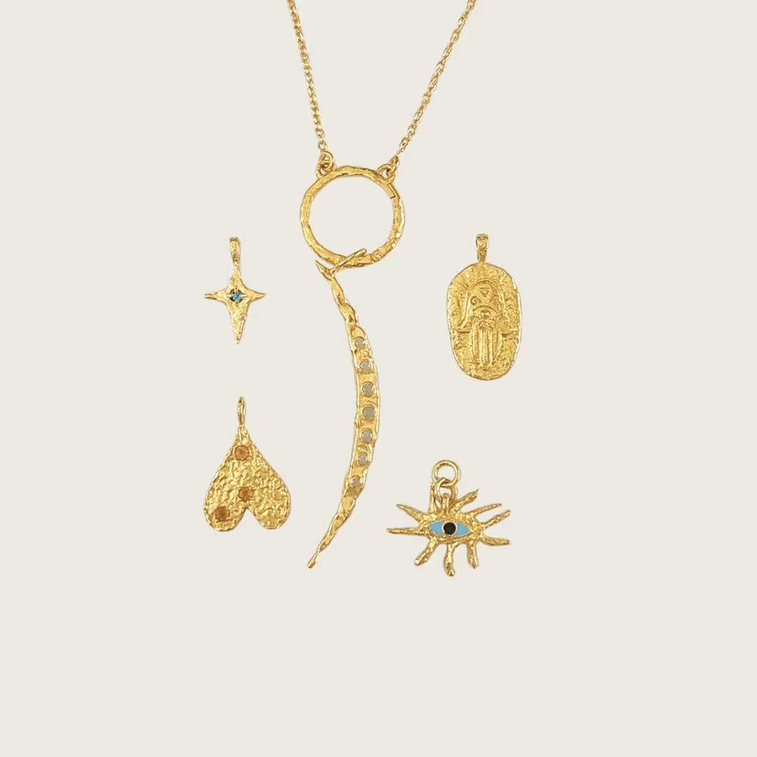 the-keeper-of-charms-necklace-Kensho-Heirlooms-gold-vermeil-sterling-silver-charm-interchangeable-pendant-boho-winter-sun-cool-versatile-timeless-personal-gift-grow-self-expression-mix-match-Kensho Heirlooms-GOLDEN-ShopGolden.co-Demifine-Jewellery-Destination-Contemporary-Curated-UK-Brands