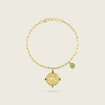 the-leo-zodiac-bracelet-kensho-heirlooms-18ct-gold-vermeil-chain-vintagestyle-antique-coin-amulet-engraved-peridot-birthstone-green-stone-personal-star-sign-gift-boho-winter-sun-jewellery-uk-brand-golden-Kensho Heirlooms-GOLDEN-ShopGolden.co-Demifine-Jewellery-Destination-Contemporary-Curated-UK-Brands