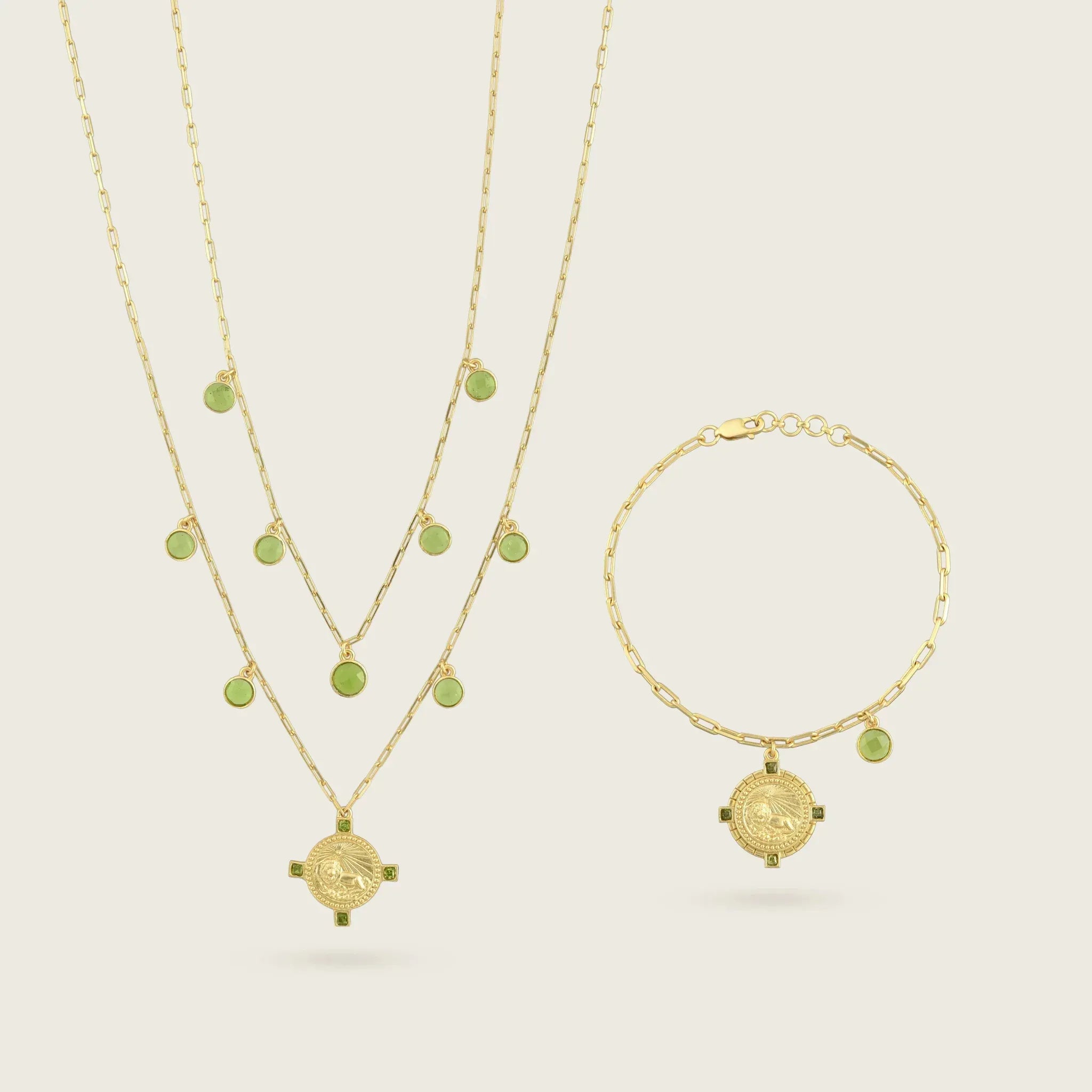 the-leo-zodiac-bracelet-kensho-heirlooms-18ct-gold-vermeil-chain-vintagestyle-antique-coin-amulet-engraved-peridot-birthstone-green-stone-personal-star-sign-gift-boho-winter-sun-jewellery-uk-brand-goldenBracelets-Kensho Heirlooms-GOLDEN-ShopGolden.co-Demifine-Jewellery-Destination-Contemporary-Curated-UK-Brands