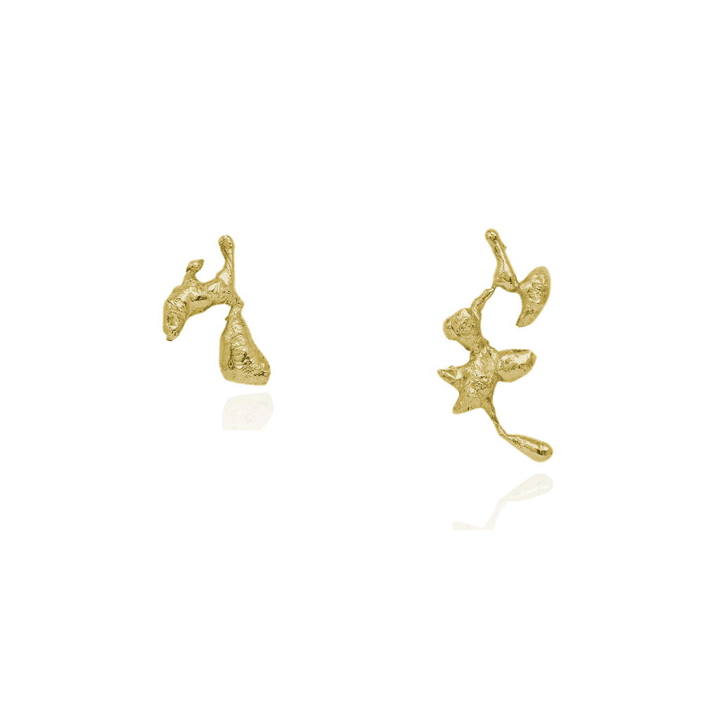 Liz-Crow-Jewellery-London-The-Noticing-18ct-Gold-Vermeil-Molten-TExtured-Odd-Asymmetric-Sculptural-Statement-Stud-Studs-Earrings