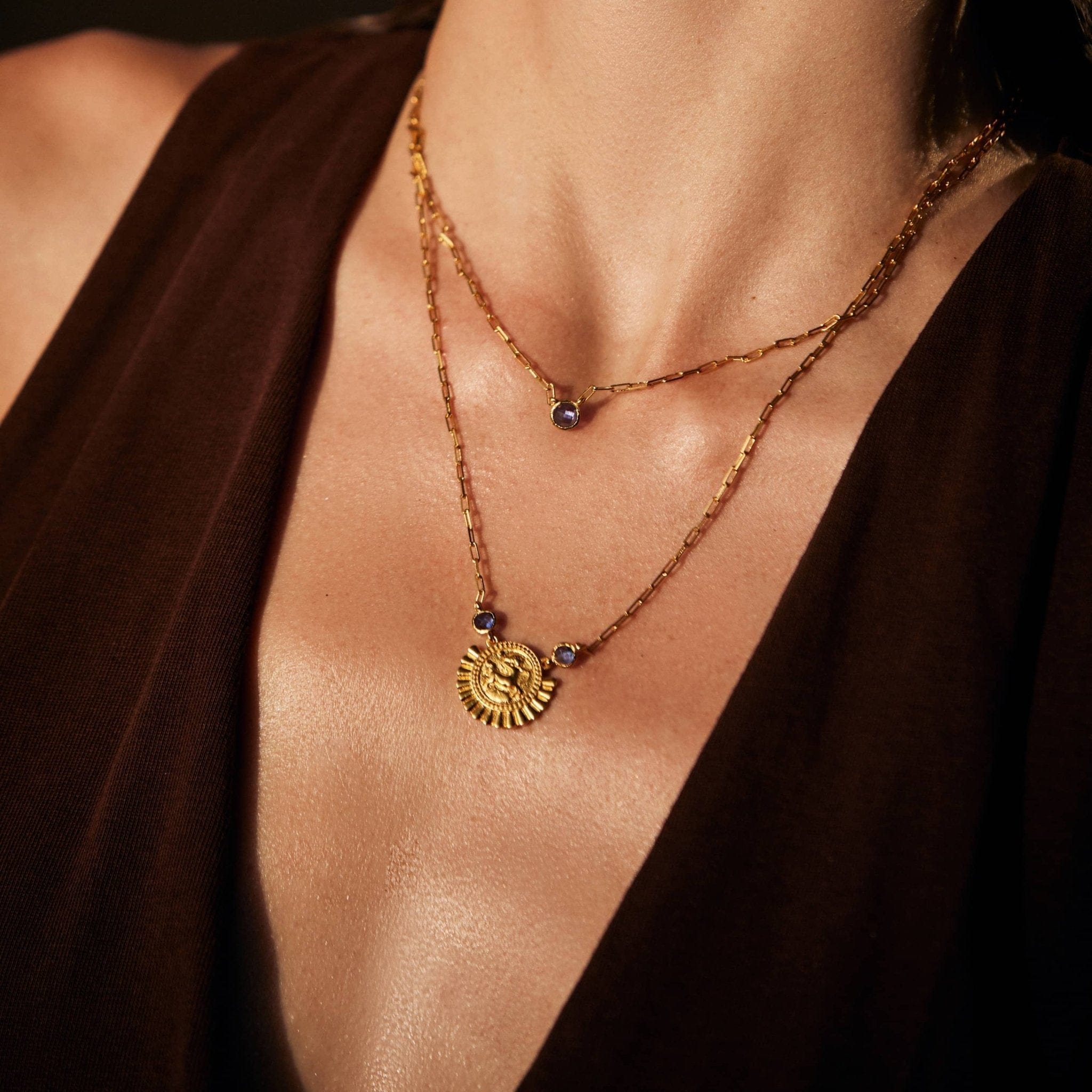 the-sagittarius-zodiac-amulet-single-necklace-blue-zircoin-stone-birthstone-vintage-coin-heirloom-boho-bohemian-cool-effortless-winter-sun-jewellery-demifine-golden-uk-brandsNecklaceNecklace-Kensho Heirlooms-GOLDEN-ShopGolden.co-Demifine-Jewellery-Destination-Contemporary-Curated-UK-Brands