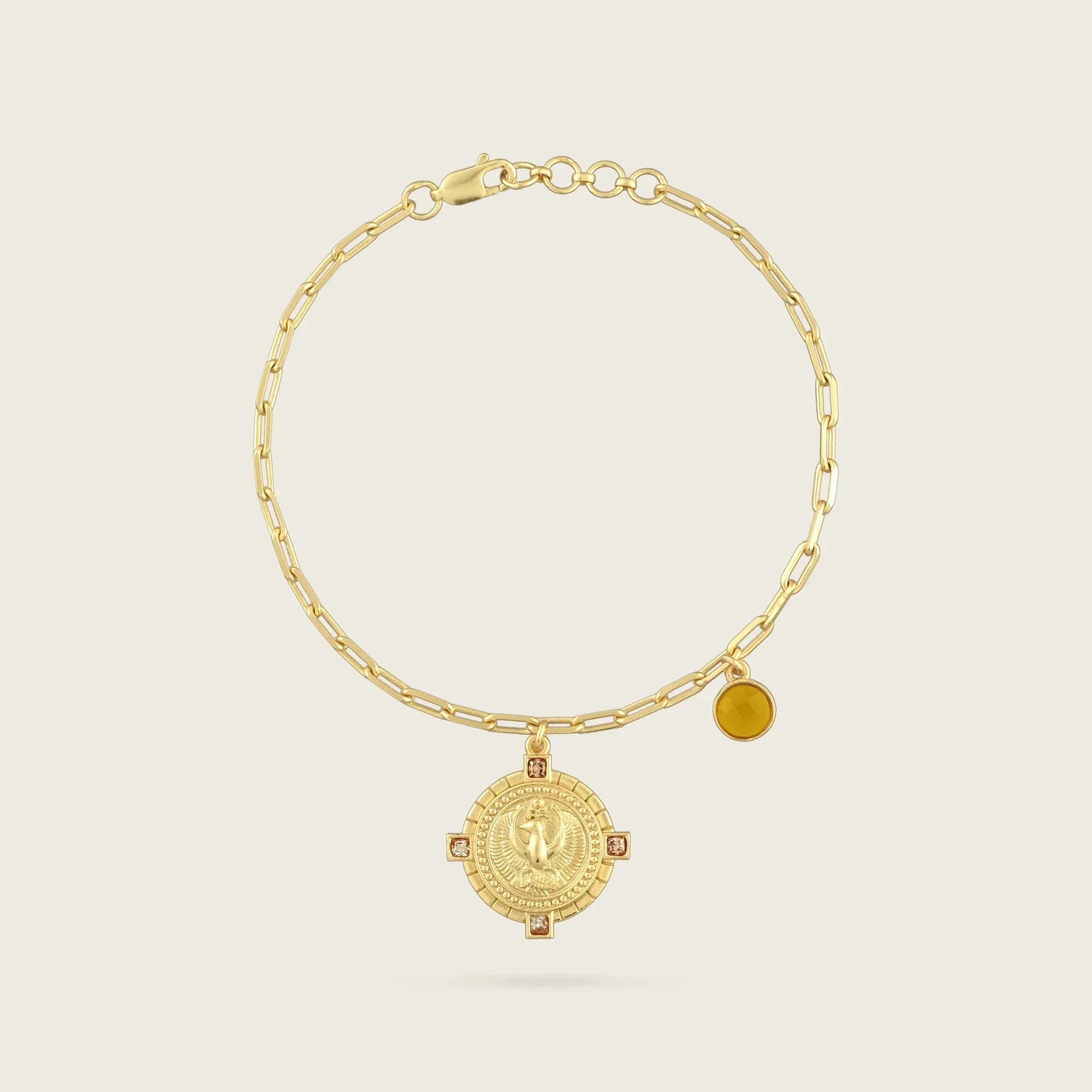 the-scorpio-zodiac-bracelet-bangle-18ct-gold-vermeil-statement-cool-jewellery-vintage-antique-coin-charm-personal-star-sign-gift-everyday-meaningful-winter-sun-boho-uk-jewellery-brand-curated-at-golden-citrine-yellow-stoneBracelets-Kensho Heirlooms-GOLDEN-ShopGolden.co-Demifine-Jewellery-Destination-Contemporary-Curated-UK-Brands