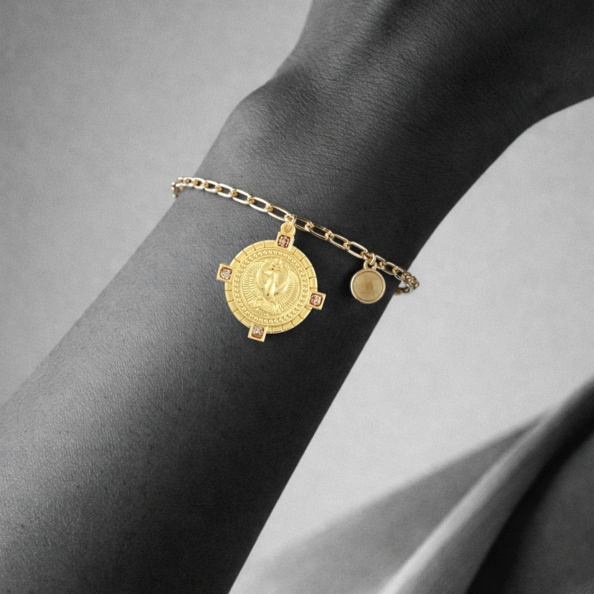 the-scorpio-zodiac-bracelet-bangle-18ct-gold-vermeil-statement-cool-jewellery-vintage-antique-coin-charm-personal-star-sign-gift-everyday-meaningful-winter-sun-boho-uk-jewellery-brand-curated-at-golden-citrine-yellow-stoneBracelets-Kensho Heirlooms-GOLDEN-ShopGolden.co-Demifine-Jewellery-Destination-Contemporary-Curated-UK-Brands