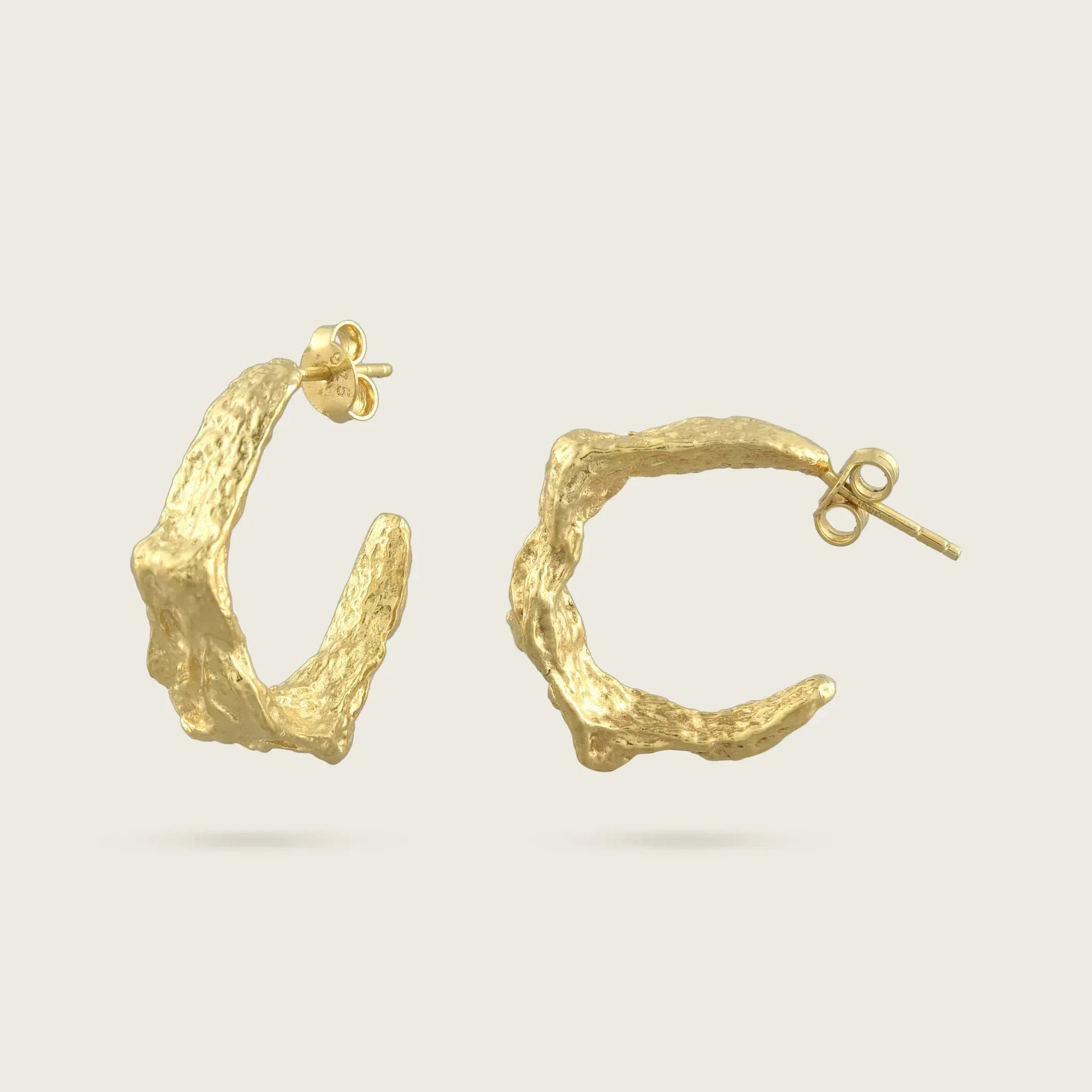 The Silent Verse Earrings-18ct-gold-vermeil-kensho-heirlooms-statement-hoops-hoop-gold-rustic-textured-hammered-molten-unique-gift-statement-earrings-handmade-uk-boho-summer-jewellery-everyday-day-nightEarrings-Kensho Heirlooms-GOLDEN-ShopGolden.co-Demifine-Jewellery-Destination-Contemporary-Curated-UK-Brands