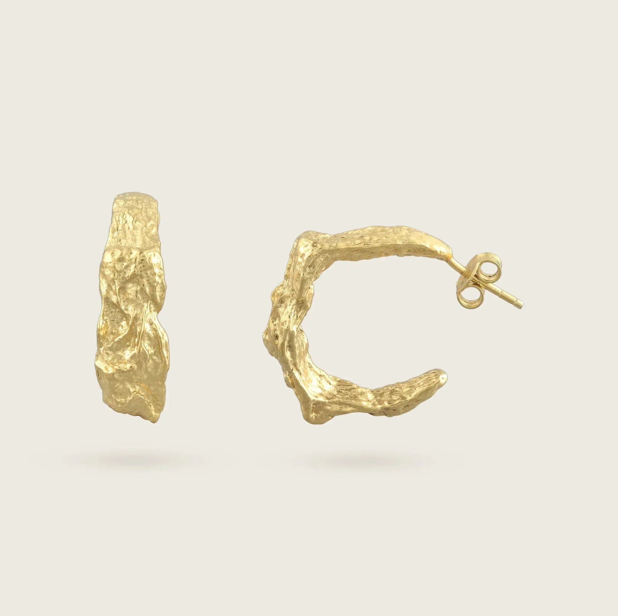 The Silent Verse Earrings-18ct-gold-vermeil-kensho-heirlooms-statement-hoops-hoop-gold-rustic-textured-hammered-molten-unique-gift-statement-earrings-handmade-uk-boho-summer-jewellery-everyday-day-nightEarrings-Kensho Heirlooms-GOLDEN-ShopGolden.co-Demifine-Jewellery-Destination-Contemporary-Curated-UK-Brands