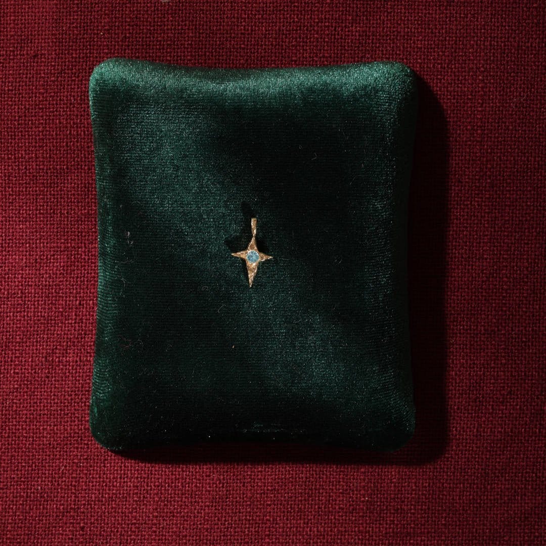 The Skycompass Charm-18ct-gold-vermeil-blue-topaz-star-cross-charm-pendant-interchangeable-boho-summer-winter-sun-pendant-necklace-hammered-Kensho-HeirloomsCharms-Kensho Heirlooms-GOLDEN-ShopGolden.co-Demifine-Jewellery-Destination-Contemporary-Curated-UK-Brands