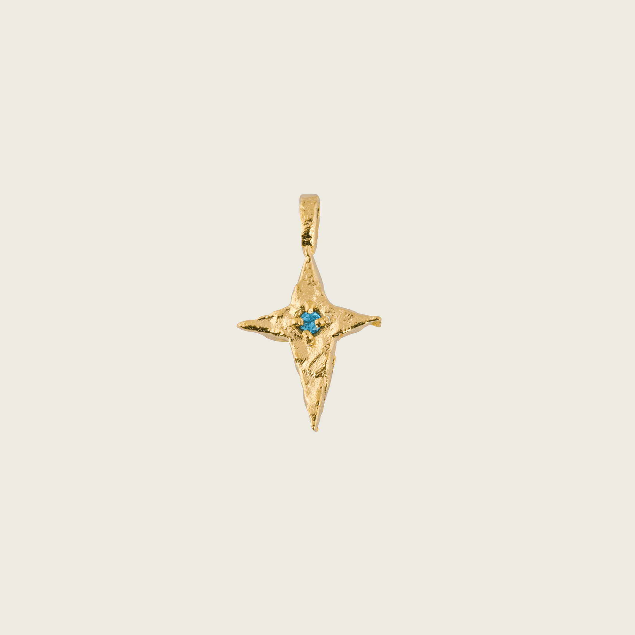 The Skycompass Charm-18ct-gold-vermeil-blue-topaz-star-cross-charm-pendant-interchangeable-boho-summer-winter-sun-pendant-necklace-hammered-Kensho-HeirloomsCharms-Kensho Heirlooms-GOLDEN-ShopGolden.co-Demifine-Jewellery-Destination-Contemporary-Curated-UK-Brands