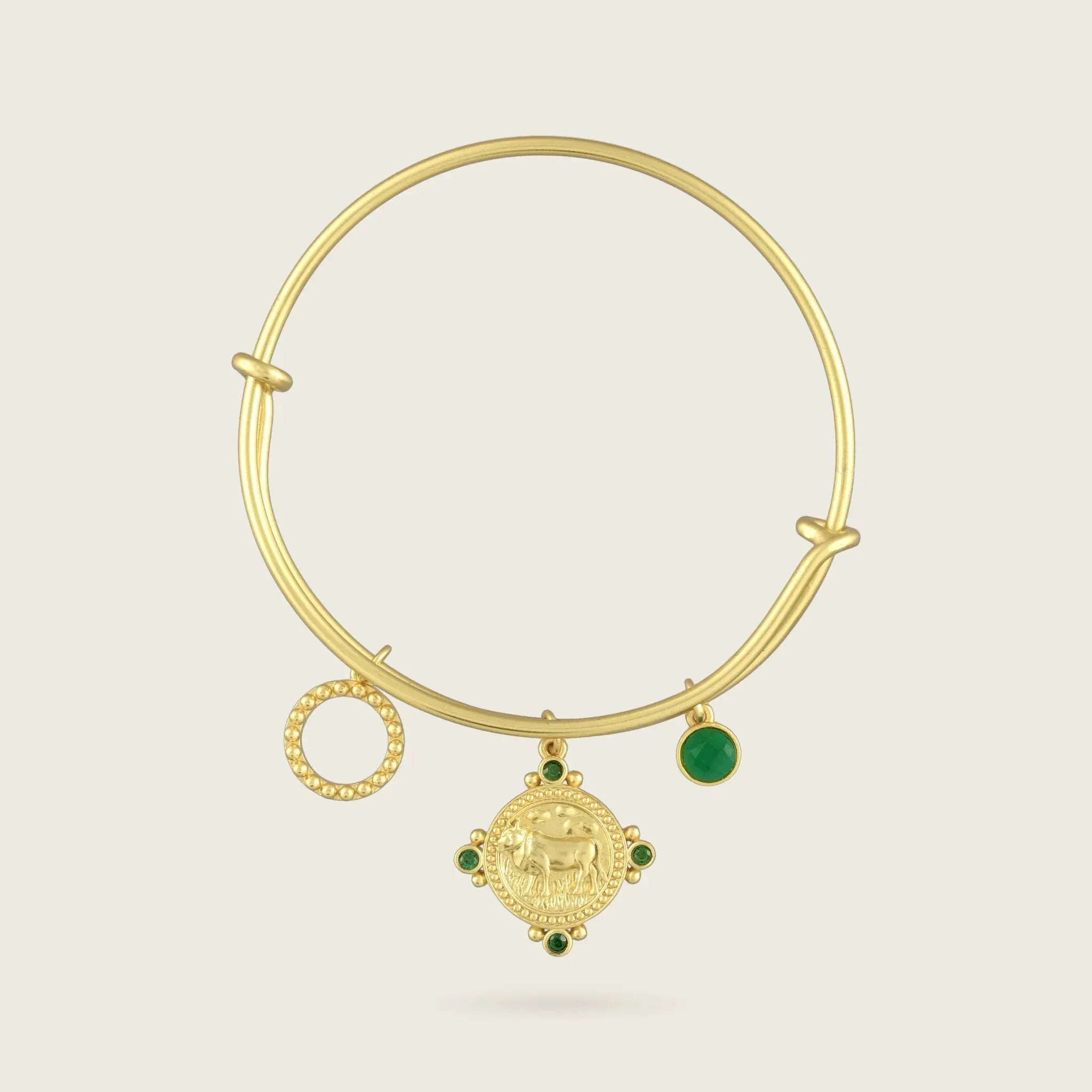 the-taurus-zodiac-bracelet-bangle-18ct-gold-vermeil-statement-cool-jewellery-vintage-antique-coin-charm-personal-star-sign-gift-everyday-meaningful-winter-sun-boho-uk-jewellery-brand-curated-at-golden-green-emerald-bangle-stoneBracelets-Kensho Heirlooms-GOLDEN-ShopGolden.co-Demifine-Jewellery-Destination-Contemporary-Curated-UK-Brands