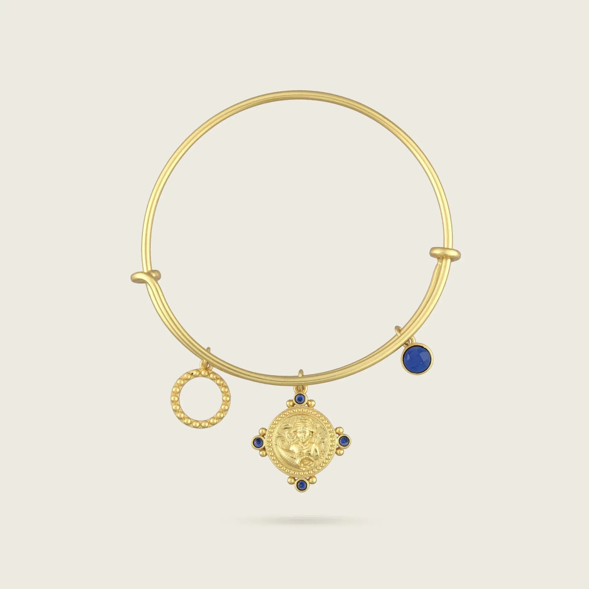 the-virgo-zodiac-bracelet-kensho-heirlooms-blue-sapphire-charm-bangle-gold-vermeil-cool-boho-jewellery-vintagle-style-coin-chain-handmade-artisan-uk-india-golden-Kensho Heirlooms-GOLDEN-ShopGolden.co-Demifine-Jewellery-Destination-Contemporary-Curated-UK-Brands